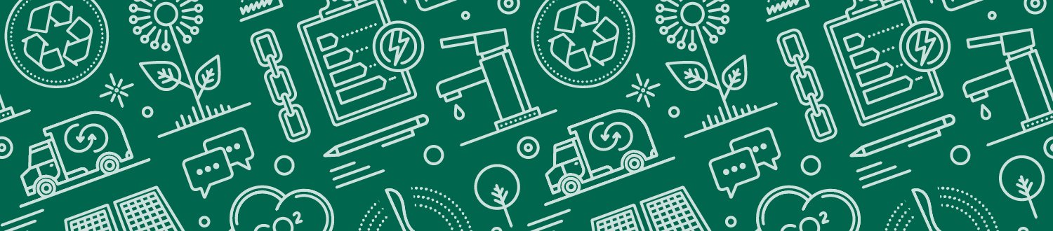 A green banner with icons representing different areas of sustainability.